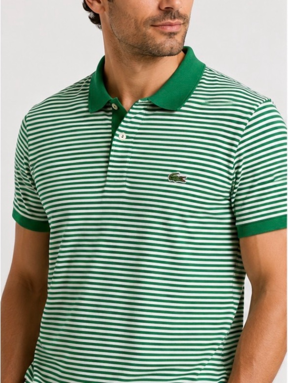 Lacoste Green White Stripe Polo Shirt Size 8 XL Regular Fit Cotton Crocodile